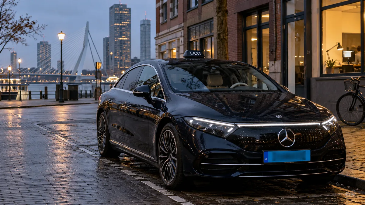 Donkerblauwe Mercedes-taxi op een natte straat in Rotterdam bij avond