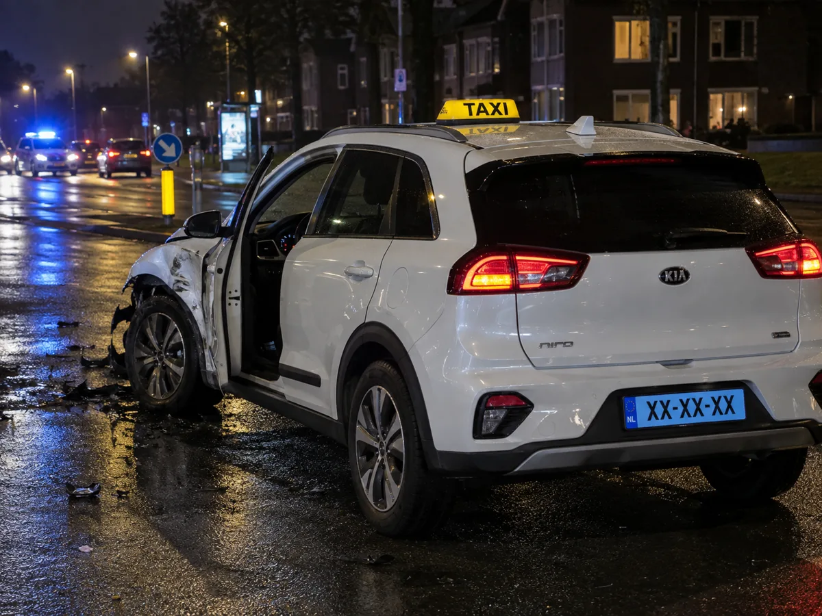 Witte taxi met schade aan de linker voorkant op een natte stadsstraat in de avond