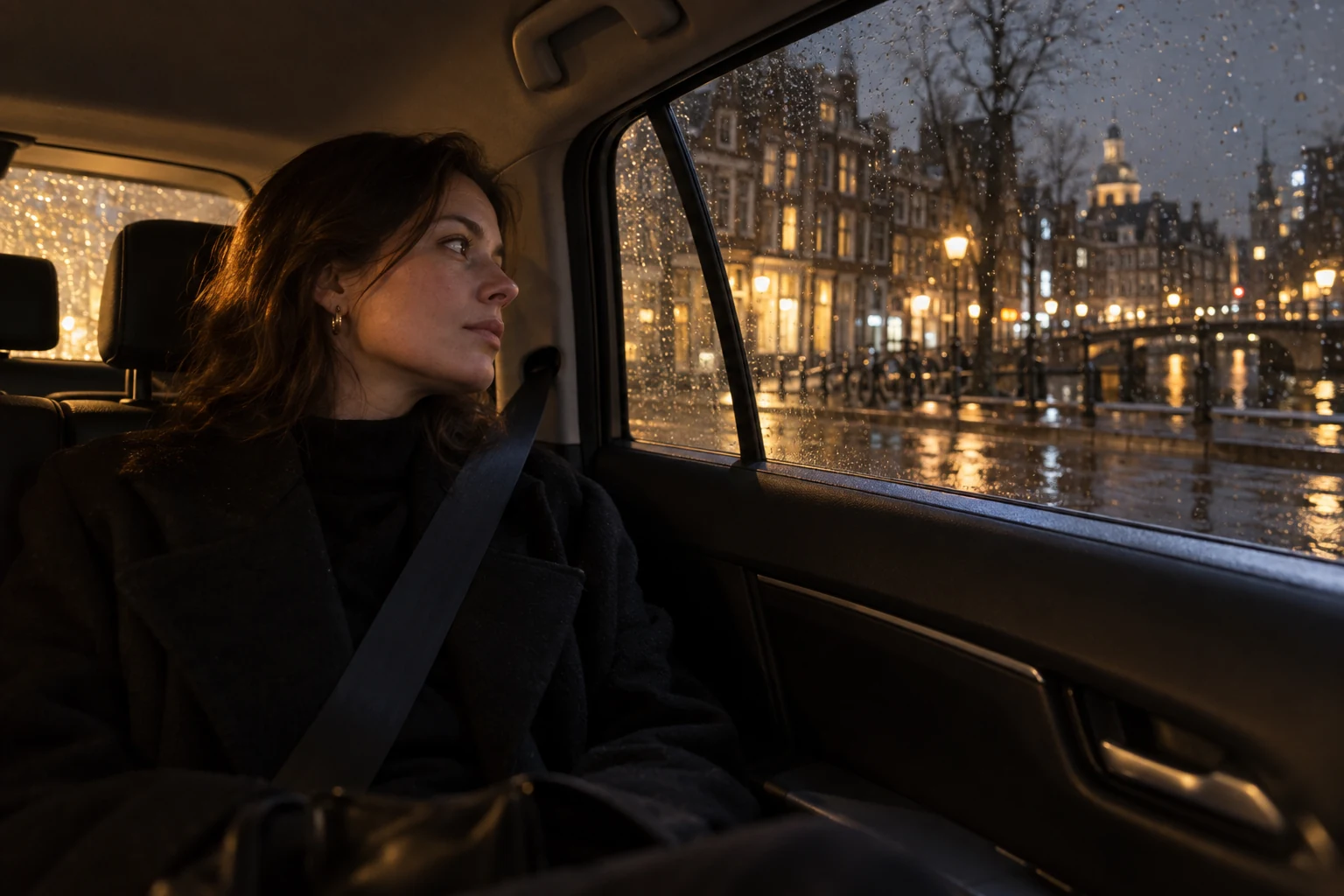 Passagier in een taxi tijdens een regenachtige avondrit door Amsterdam