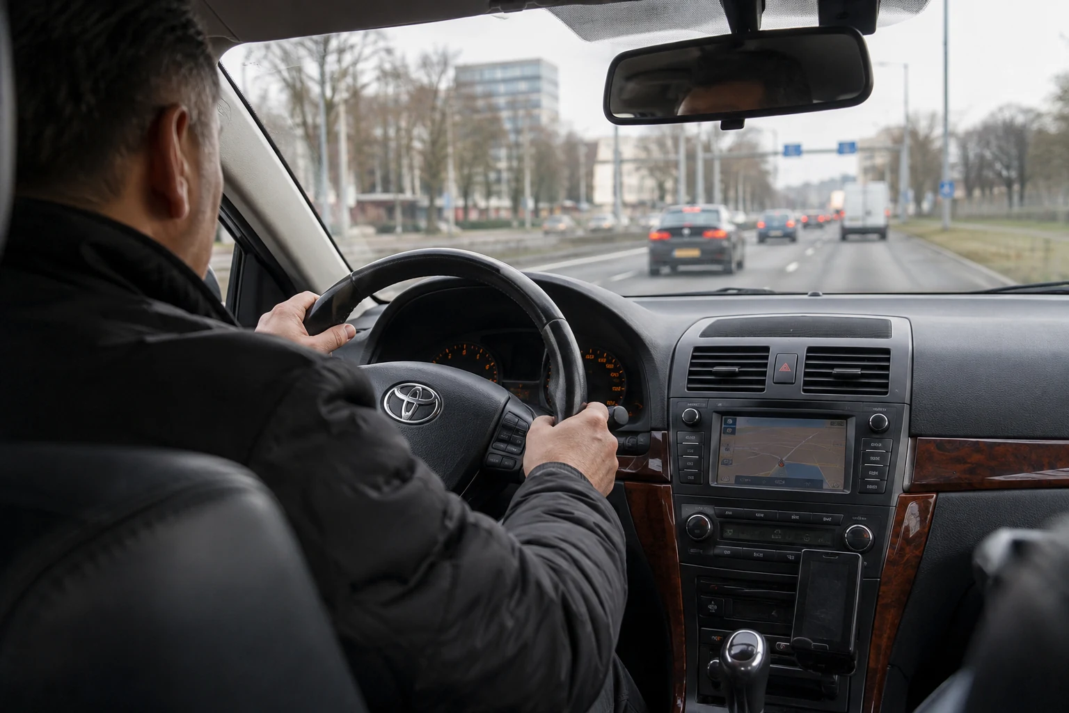 Taxichauffeur achter het stuur, gezien vanaf de achterbank