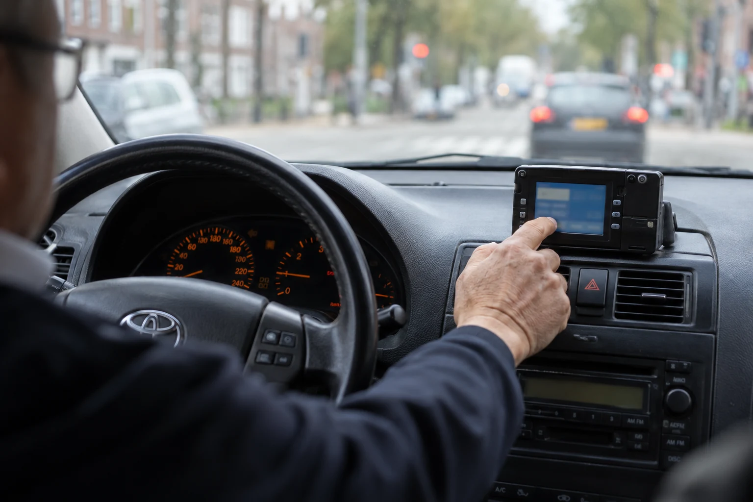 Taxichauffeur bedient de boordcomputer naast het stuur