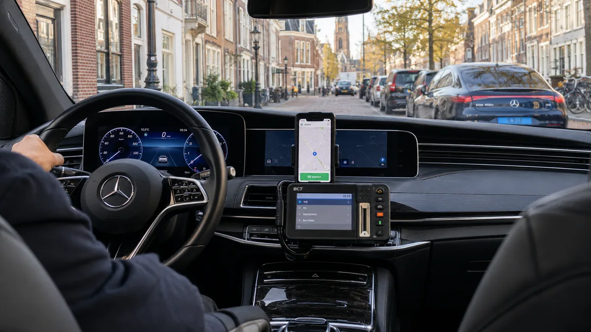Nederlandse Mercedes EQS-taxi met een boordcomputer op het dashboard