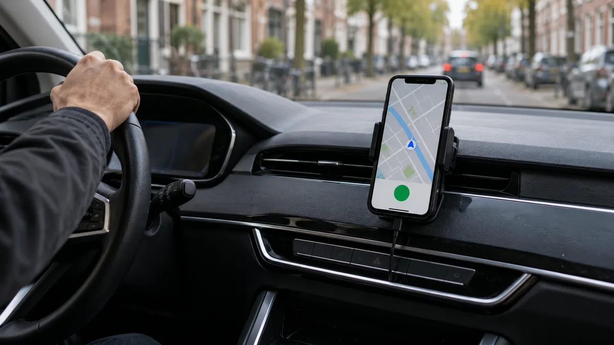 Smartphone in een houder op het dashboard van een elektrische taxi met een ritregistratie-app geopend