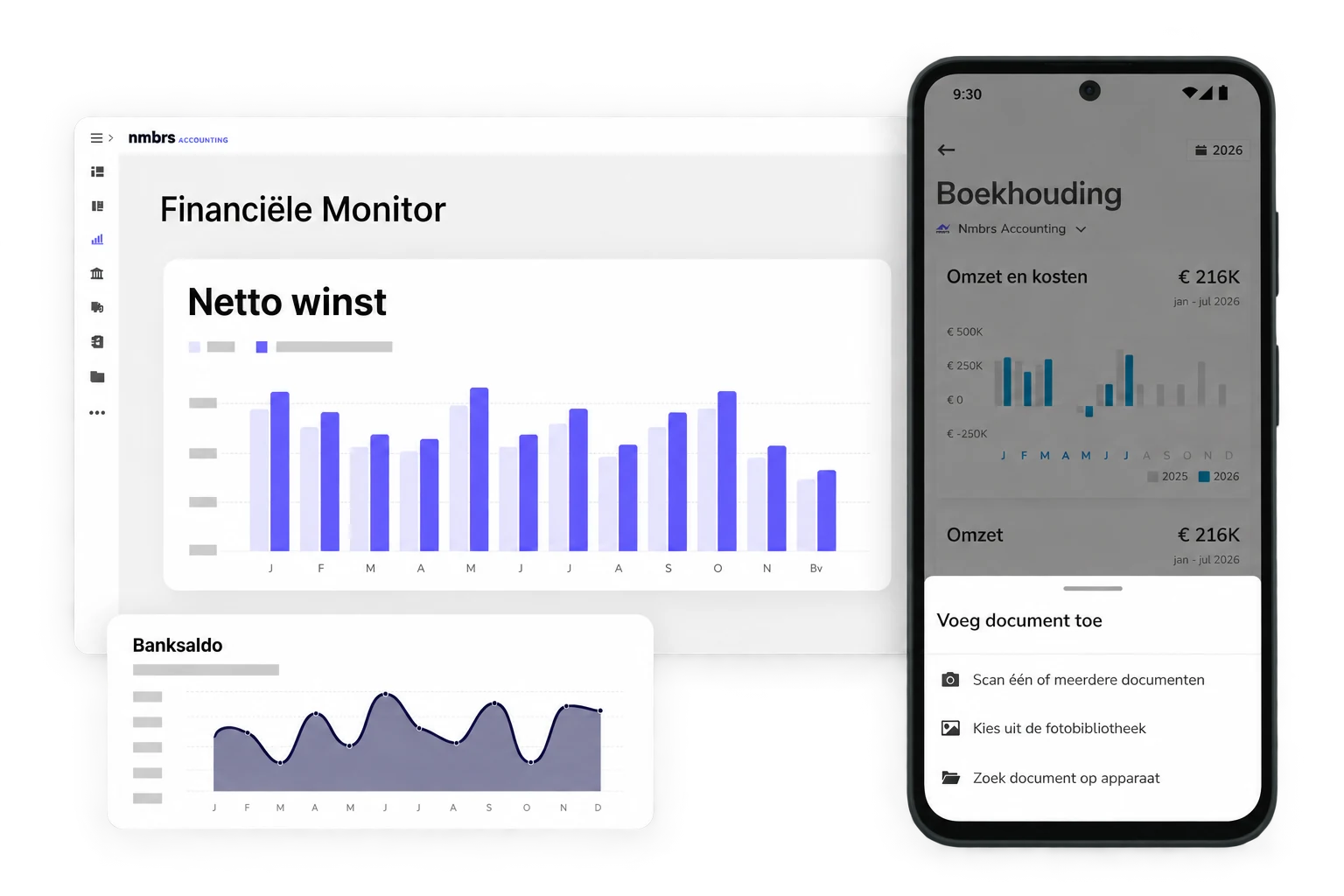 Nmbrs Accounting financiële monitor met omzet, resultaat en banksaldo op laptop en telefoon